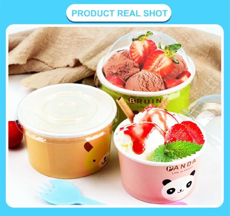 Eco-Friendly Print Plastic Free Ice Cream Paper Tub Cup Pint with Spoon Lid Leak Proof
